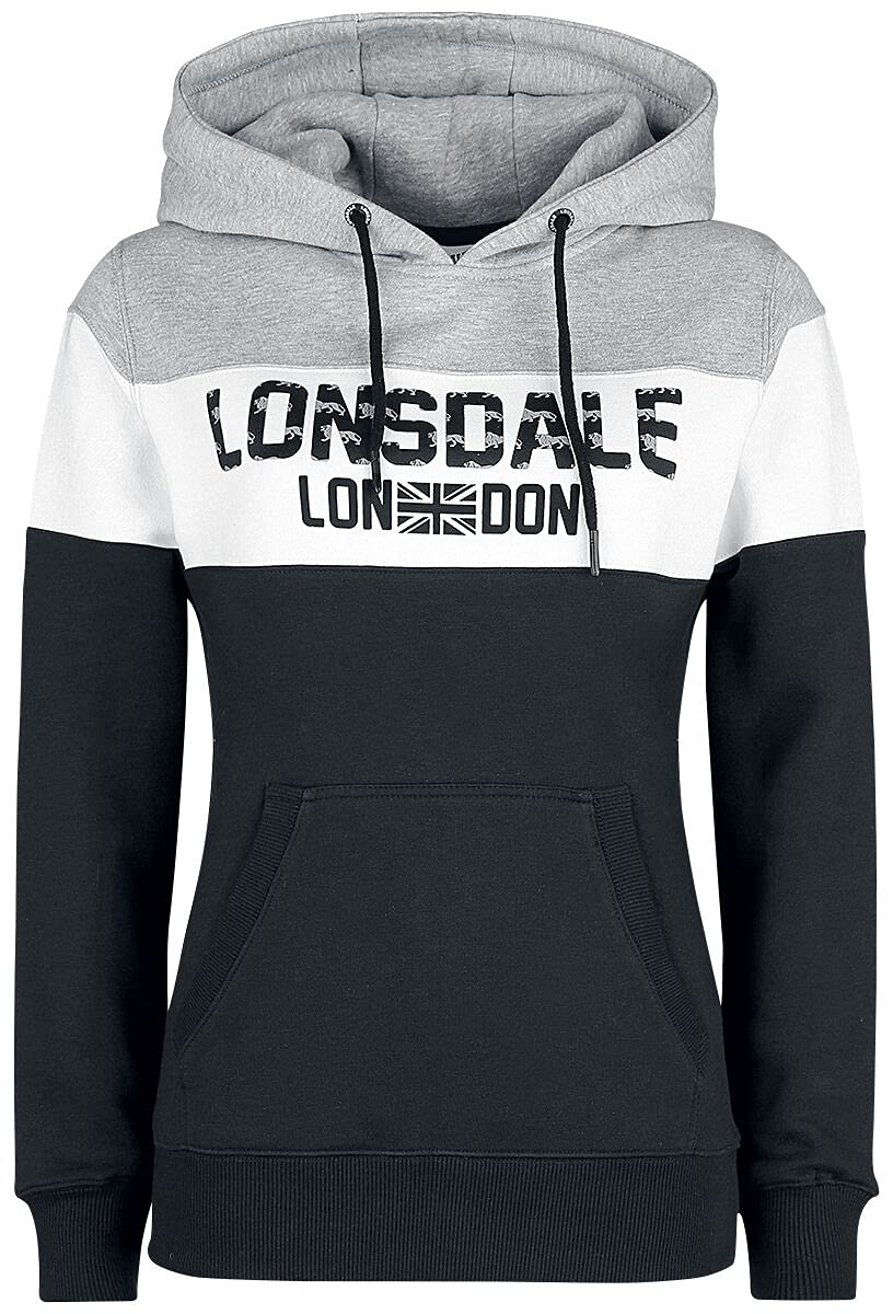 Lonsdale Damen Sleeve Hooded Sweatshirt, Black, White, Marl Grey, S EU