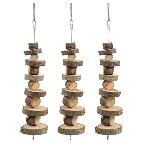 3Pcs Natural Hanging Wood Chew Toy, Small Animals Apple Wood Cage Hanging Chew Toys, Molar Chew Wood Treat for Hamster, Rabbits, Guinea Pigs, Chinchilla, Squirrel, Style B