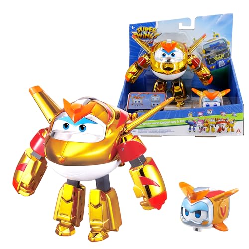 Super Wings EU770441 - Transforming Golden Boy & Pet, ca. 12 cm große verwandelbare Spiel-Figur mit ca. 4,3 cm großem Haustier, für Kinder ab 3 Jahren