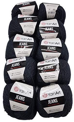 Ilkadim 10 x 50g Strickwolle YarnArt Jeans einfarbig mit 55% Baumwolle, 500 Gramm Wolle Uni (anthrazit 28)