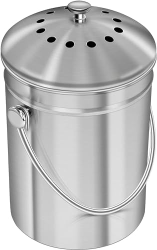 5 Liter Edelstahl-Komposteimer für Küchenarbeitsplatte – Komposteimer Kücheneimer Kompost mit Deckel – inklusive 1 Ersatzkohlefilter
