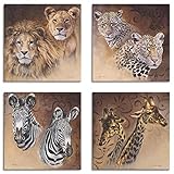 ARTLAND Leinwandbilder Set 4tlg. je 20x20 cm Quadratisch Wandbilder Tiermotive Afrika Löwen Leoparden Zebra Giraffen S7EZ