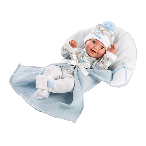Llorens 1063595 Puppe Bimbo, mit blauen Augen und weichem Körper, Babypuppe mit Schlafaugen, inkl. blauem Outfit, Schnuller und weicher Decke, 35cm