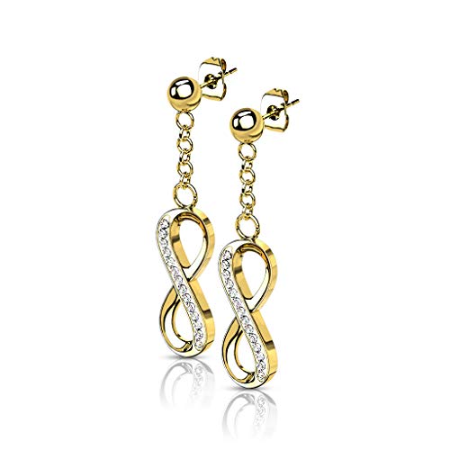 Bungsa® Damen-Ohrringe Infinity Ohrhänger Unendlichkeitszeichen mit Kristallen gold aus 316L Edelstahl