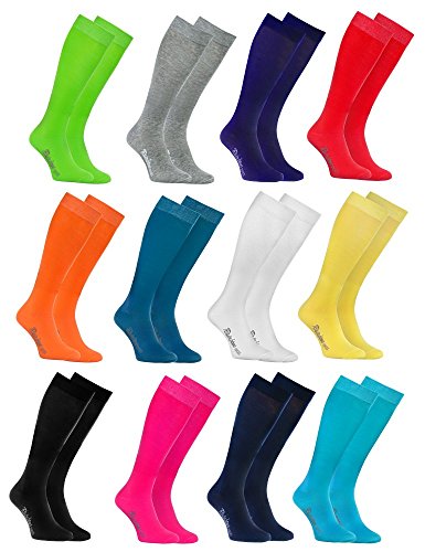 Rainbow Socks - Damen Herren Bunte Baumwolle Kniestrümpfe - 12 Paar - Weiß Grau Schwarz Türkis Blau Grün Blau Marino Rot Gelb Orange Rosa - Größen 36-38