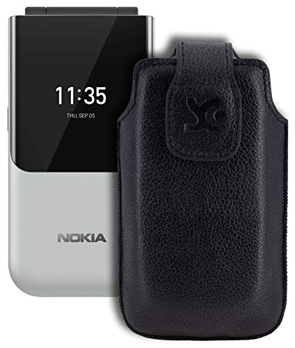 Suncase Original Tasche kompatibel mit Nokia 2720 Flip Hülle Leder Etui Handytasche Ledertasche Schutzhülle Case in vollnarbiges-schwarz