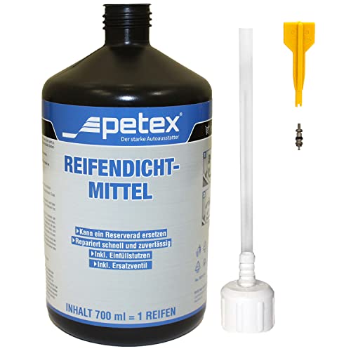 PETEX Reifendichtmittel Inhalt 700 ml inkl. Einfülldeckel, Ventilausdreher mit Flügel, Ersatzventil