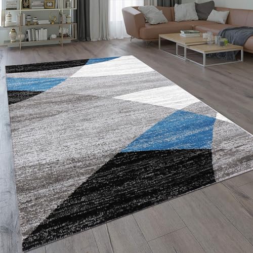 VIMODA Wohnzimmer Teppich Modern Geometrisches Muster Gestreift Meliert in Blau Grau Weiß Schwarz I ÖKO TEX Zertifiziert I, Maße:120 x 170 cm
