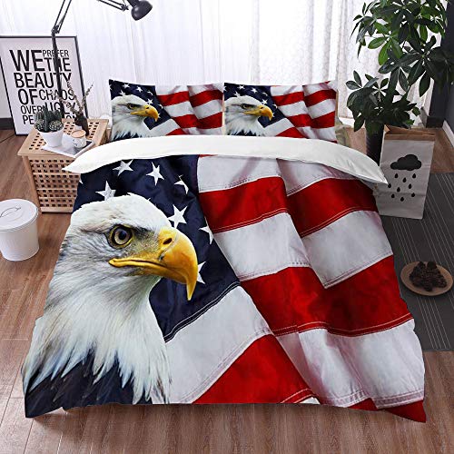 Qinniii 3 Teilig Bettgarnitur Bettwäsche,Amerikanische Flagge USA Weißkopfseeadler Stars and Stripes Flag Hippie,Gemütlich 3D Mikrofaser Bettbezug Set + 2 Kissenbezug 200 x 200 cm