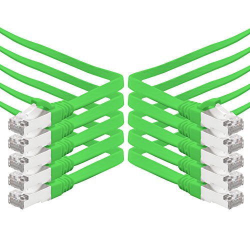 1m - grün - 10 Stück CAT.7 Gigabit Ethernet LAN Flachband Flachbandkabel (RJ45) Netzwerkkabel Rohkabel (10Gbit/s) Verlegekabel Flach Slim kompatibel zu Cat.5 - Cat.5e - Cat.6