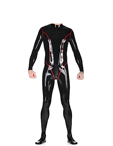 Latex-Catsuit mit roter Körperlinie, Latex-Overalls, sexy männlicher Bodysuit mit befestigten Fußsocken, Gelb, MEN-XS