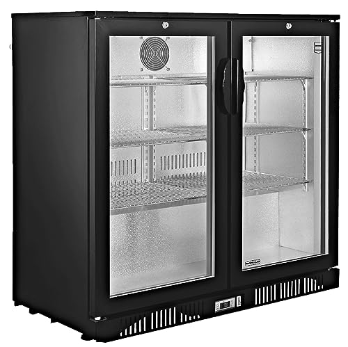 METRO Professional Getränkekühler GBC1002, Getränkekühlschrank mit 2 Glastüren, Flaschenkühlschrank mit 6 Einlegeböden, Energieklasse D, 160W, Temperaturbereich: 0 bis +10°C, 200 L, Schwarz