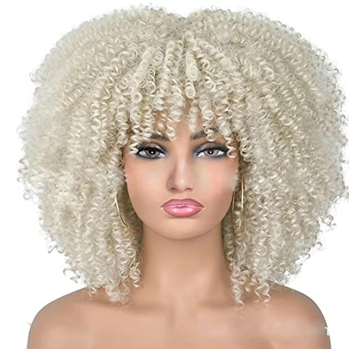 Lange lockige Afro-Perücke mit Pony für schwarze Frauen Afro Bomb Kinky Curly Hair Wig Volle und weiche synthetische Perücken 18 Zoll (K)