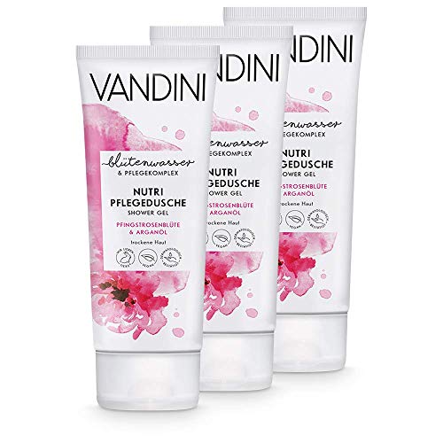 VANDINI Nutri Pflege Duschgel Damen mit Pfingstrosenblüte & Arganöl - Pflegedusche für trockene Haut - veganes Shower Gel für Frauen ohne Silikone, Parabene & Mineralöl im 3er Pack (3x 200 ml)