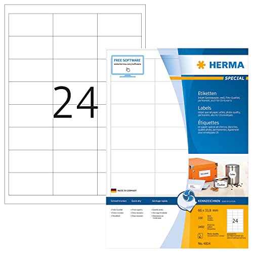 HERMA 4814 Universal Etiketten für Inkjet Drucker DIN A4 (66 x 33,8 mm, 100 Blatt, Papier, matt) selbstklebend, bedruckbar, permanent haftende Aufkleber, 2.400 Klebeetiketten, weiß
