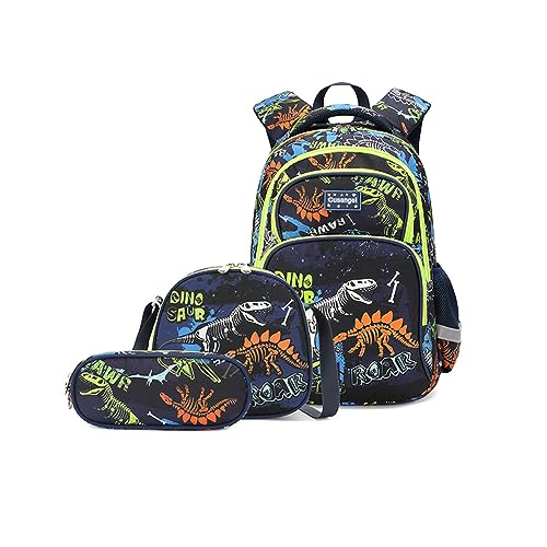 Balakaka Schulrucksack Daypacks für Jungen Mädchen Großer Wasserdichtes Kinderrucksack mit Lunch-Taschen Bleistift, Rucksack für Kinder im Alter von 7 bis 13 Jahren,Schwarzer Dinosaurier
