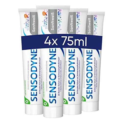Sensodyne MultiCare Sanftweiß Zahnpasta, Whitening, Zahnpasta für schmerzempfindliche Zähne, Kariesschutz, 4 X 75 ml