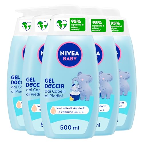 Nivea Baby-Reinigungsmittel von den Haaren bis zu den Füßen, Shampoo, Körper und Haar, mildes und hypoallergen, Reinigungsmittel mit natürlicher Ringelblume, 5 Flaschen à 500 ml