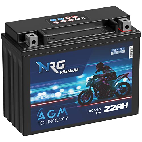NRG Premium Y50-N18L-A AGM Motorradbatterie 22Ah 12V 365A/EN Batterie 52012 52016 C50-N18L-A Y50N18L-A2 auslaufsicher wartungsfrei ersetzt 20Ah 21Ah