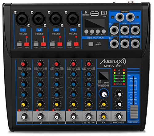 Audibax MG06-USB Mischpult mit 6 Kanälen, mit Bluetooth-Verbindung, MP3-Player und USB-Rec-Eingang, DJ-Tisch mit Effekten, LED-Anzeige, Mischpult mit verschiedenen Bedienelementen