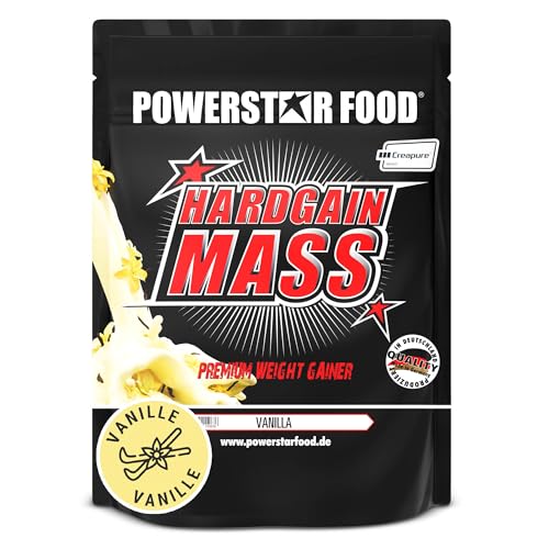 Powerstar HARDGAIN MASS 1600g | WEIGHT GAINER mit Kreatin & ohne Zucker-Zusatz | Masse, Kraft & schneller Muskelaufbau | Deutsche Herstellung | Mass Gainer Shake zum Zunehmen | Vanilla