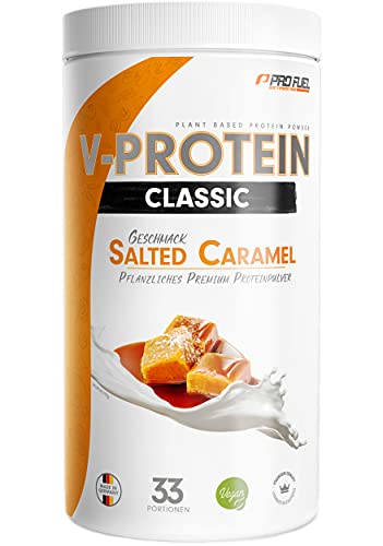 Vegan Protein Pulver - V-PROTEIN, 1 KG | Pflanzliches Eiweißpulver auf Erbsenprotein-Basis | 71,9% Eiweiß-Gehalt | Hohe Wertigkeit | Protein-Shake speziell zum Muskelaufbau | SALTED CARAMEL