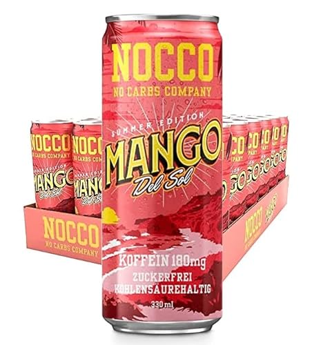 NOCCO BCAA Mango Del Sol 24x330ml - mit 180mg Koffein !!! STARKE VERSION !!! 3000mg BCAA´s pro Dose / Ohne Zucker / No Carb Energy Drink / Pre Workout Booster / Aminosäuren und Vitamine wie B6 B12
