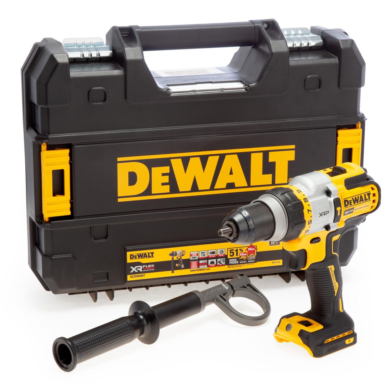 Dewalt 18V Flexvolt Advantage Akku-3-Gang-Schlagbohrschrauber DCD999NT (bürstenlos, Vollmetallgetriebe, integrierte LED-Leuchte mit bis zu 77 Lumen, inkl. Zusatzhandgriff, T STAK-Box & Zubehör)