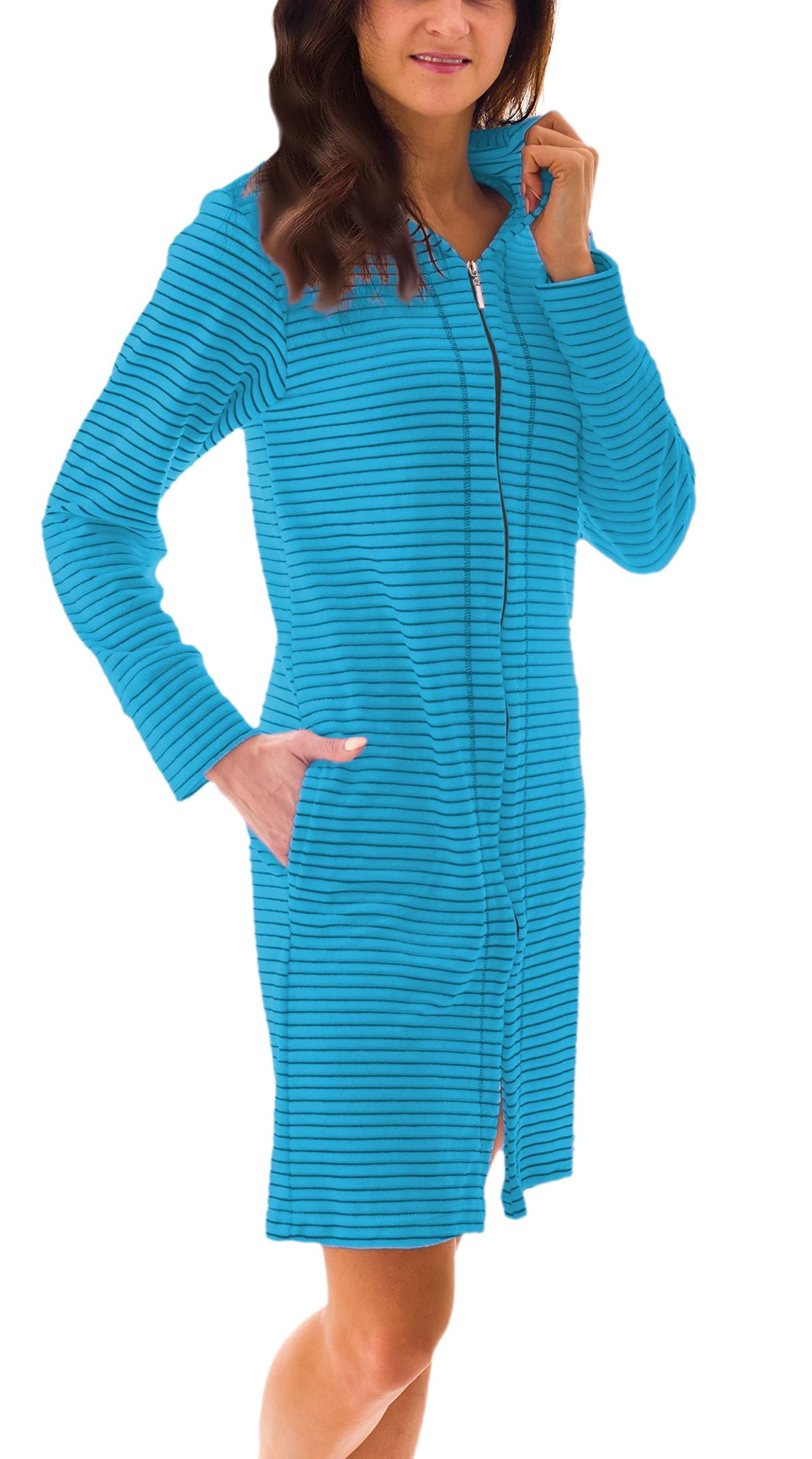 Aquarti Damen Bademantel Morgenmantel mit Reißverschluss Streifen Kurz Baumwolle, Farbe: Streifenmuster Türkis, Größe: S