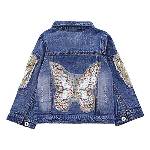 LSHEL Jeansjacke Mädchen Langarm Denim Jacket Kinder Schmetterlinge Übergangsjacke mit Pailletten, Schmetterling, 146(körpergröße: 135-140cm)