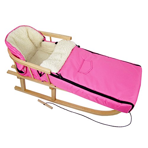 Kombi-Angebot Holz-Schlitten mit Rückenlehne & Zugseil + universaler Winterfußsack (108cm), auch geeignet für Babyschale, Kinderwagen, Buggy, Lammwolle Uni (pink + Schlitten)