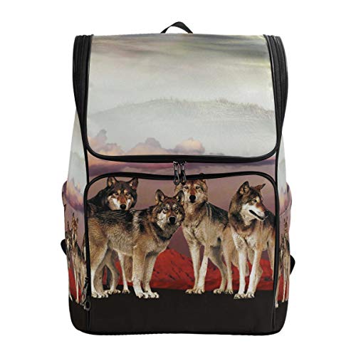 FANTAZIO Rucksack mit fünf Wölfen für Laptop, Outdoor, Reisen, Wandern, Camping, Freizeit-Rucksack, groß
