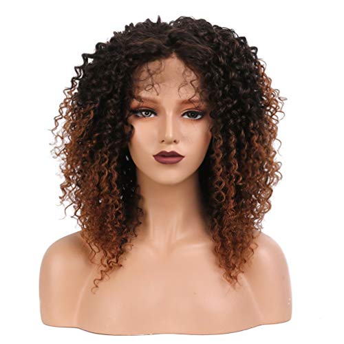 Wellige Synthetische Perücke African American Lange Verworrene Lockige Synthetische Perücken Hitze Beständig Ombre #2/4 Farbe Braun Spitze Vorne Perücken Mit Baby Haar,16 inches