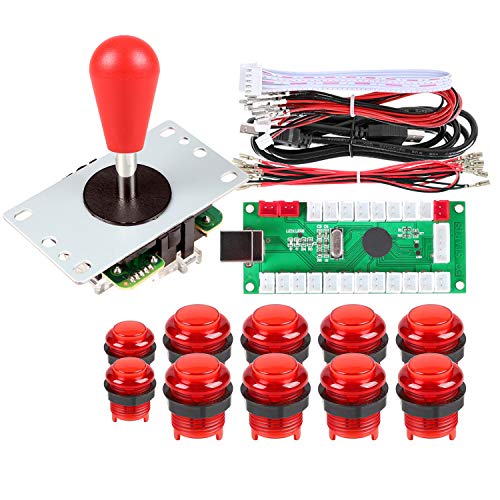 Fosiya 1 Spieler LED Arcade DIY Kit Parts USB Encoder PC Ellipse & Oval Stil Bat Joystick + 5 V LED Arcade Buttons für Arcade-Videospielkonsolen Raspberry Pi (Red)