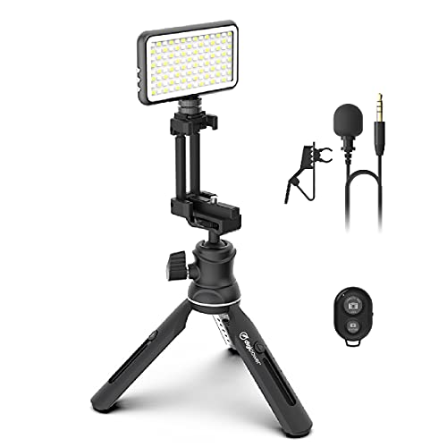 DigiPower Vlogging Kit Instructor mit LED Videoleuchte, Clip-on Lavalier Mikrofon, Handy + Kamera Halterung, Handgriff/Mini-Stativ, für Smartphones + Kameras, für TikTok, YouTube, Streaming, Meetings