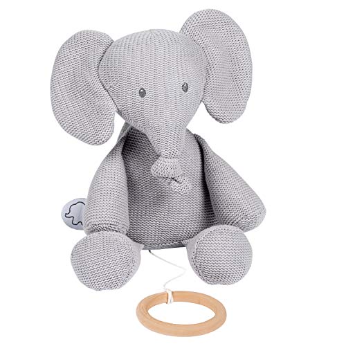 Nattou 929028 Tembo Cotton Knitted Elephant Musical Soft Toy Elefant Spieluhr, Grau (gestrickt), 28 cm
