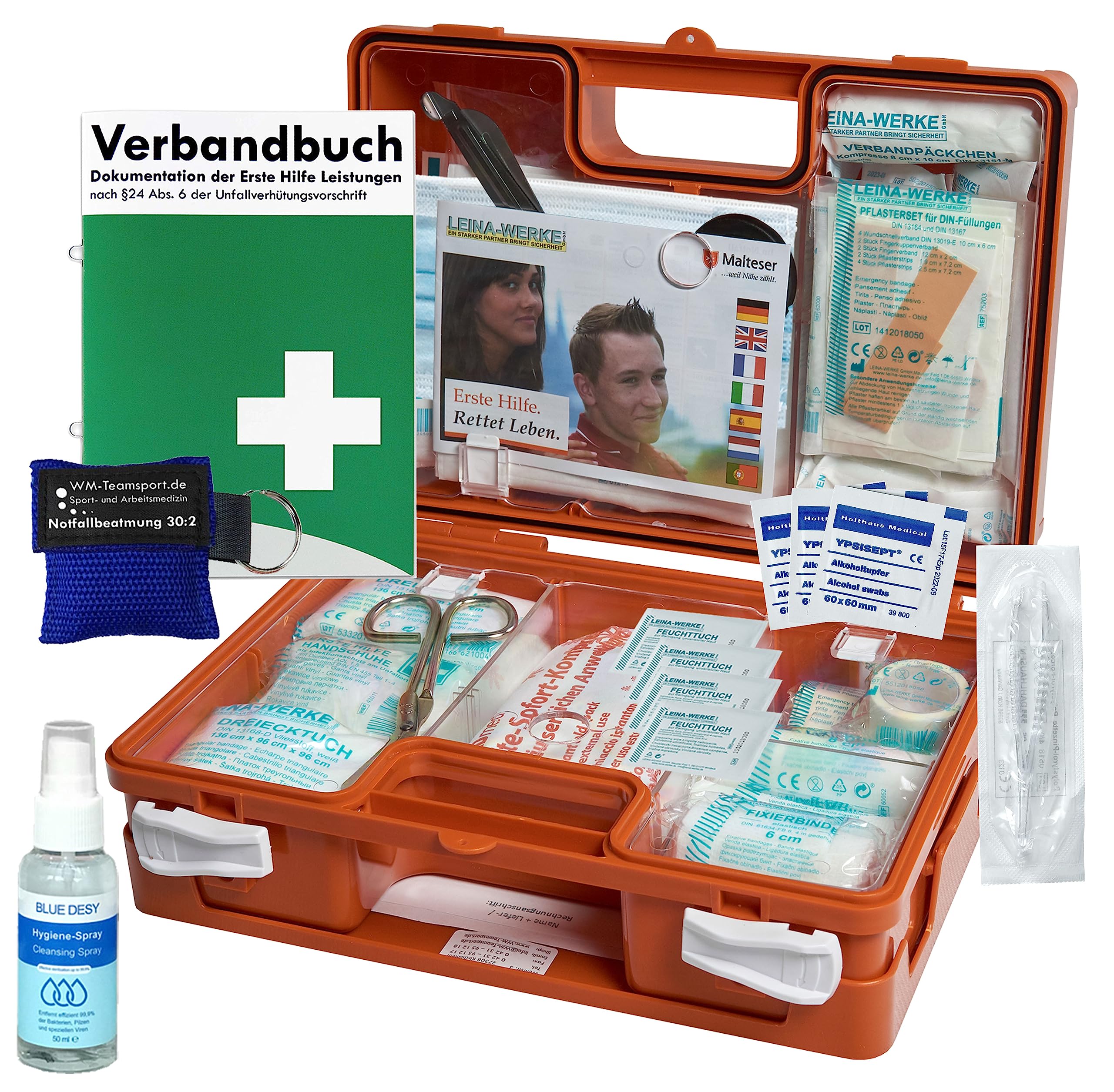 Erste-Hilfe-Koffer M1 mit "Notfallbeatmungshilfe" für Betriebe - aktuelle DIN/EN 13157 incl. Verbandbuch & Hygiene-Spray