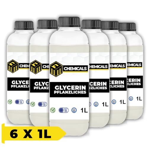 MRM CHEMICALS 6X Pflanzliches Glycerin 99,5% 1L 1 Liter Rein Pharmaqualität Lebensmittelqualität für Desinfektion Kosmetik, Glyzerin Glycerol Natürlich Transparent