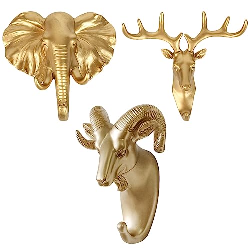 Cabilock 3 Stück Gold Tierkopf Haken Elefant Ziege Hirsch Wandhalterung Haken Kleiderbügel Selbstklebende Hängehaken für Kleidung Hut Handtuch Kleinigkeiten