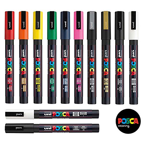Uni Posca PC-3M Paint Pen Art Marker Pen - Professional 12 Pen Set - Extra Black + White