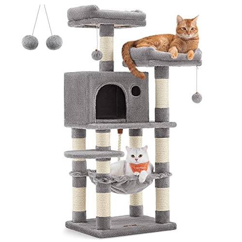 FEANDREA 44 Zoll Moderner Katzenbaum für Indoor-Katzen, mehrstufige Katzenhöhle mit 5 Kratzstämmen, Sitzstange, Katzenmöbel, Hellgrau UPCT215W01