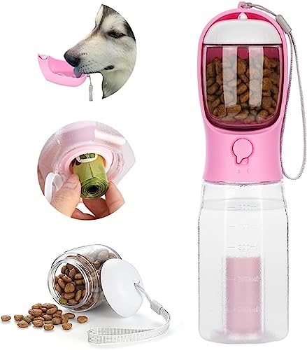 ERKIES Hundewasserflasche, Multifunktionale tragbare Hundewasserflasche, mit 100g Hundefutterbecher und Kotbeutel, für Haustiere beim Wandern (600ml, Rosa)