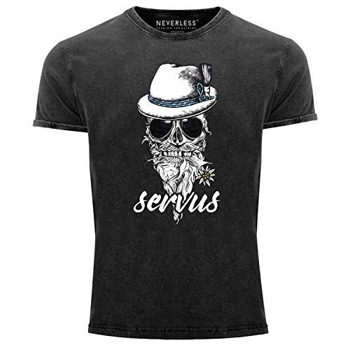 Neverless® Herren T-Shirt Vintage Shirt Printshirt Servus Skull Totenkopf Used Look Slim Fit schwarz L