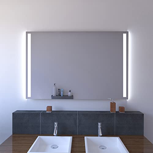 SARAR | Badspiegel Designo MA2110 mit LED-Beleuchtung eckiger Wandspiegel mit Licht Leuchtspiegel Badezimmer | 100x90cm