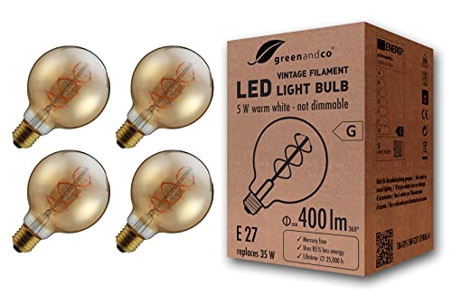4x greenandco® Vintage Glühfaden LED Lampe gold E27 G95 5W 400lm 2000K extra warmweiß 360° 230V flimmerfrei, nicht dimmbar, 2 Jahre Garantie