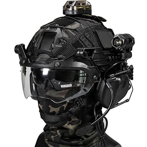 AQzxdc Fast Paintball Helm Sätze, mit Taktischem Headset und Teleskop-Modell, Visier & Schutzbrille, Taschenlampe, Signalblinker, NVG Halterung, für Airsoft Schießen und Jagd Spiel BBS,Bk c