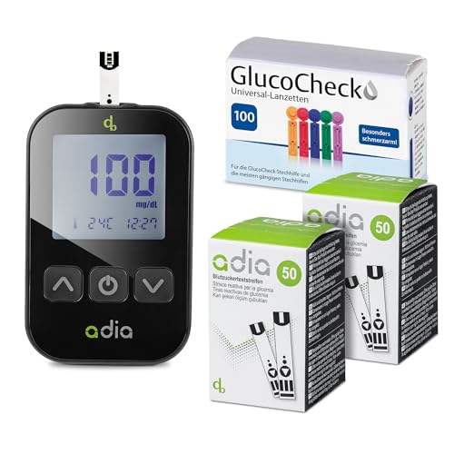 adia Blutzuckermessgerät (mg) + 110 Blutzuckerteststreifen + 110 Lanzetten Maxi-Sparset zur Blutzucker-Selbstkontrolle bei Diabetes