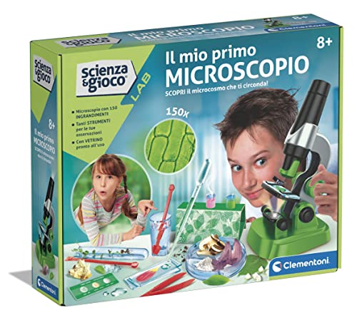 Clementoni - 19347 - Wissenschaft und Spiel Lab - Mein erstes Mikroskop - Laboratorium optisches Mikroskop 150X, wissenschaftliche Experimente für Kinder ab 8 Jahren (Spiel auf Italienisch), Made in