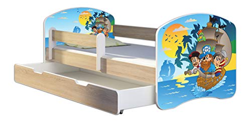 Kinderbett Jugendbett mit einer Schublade und Matratze Sonoma mit Rausfallschutz Lattenrost ACMA II 140x70 160x80 180x80 (21 Piraten, 140x70 + Bettkasten)