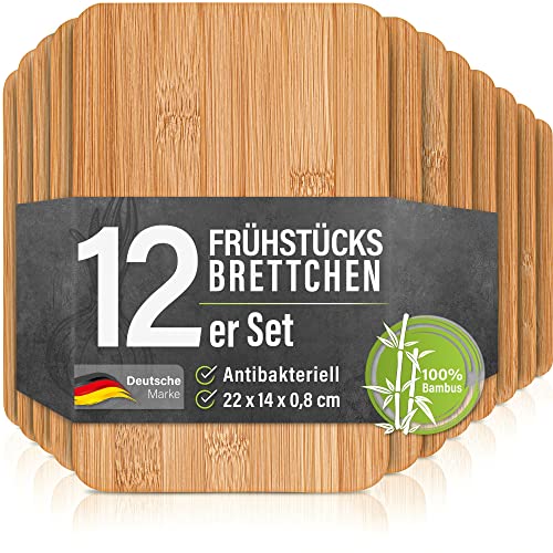 12er-Set Frühstücksbrettchen aus Bambus Holz - 22x14x0,8cm Holzbrettchen Set Brettchen Frühstücksbrett Holzbrett